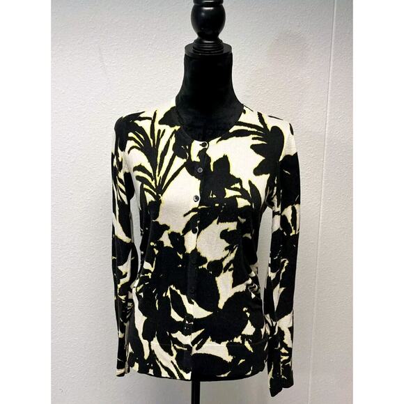 Ann Taylor Sweaters - Ann Taylor Cardigan Womens Medium Black Floral Silk Cashmere Blend Stretch